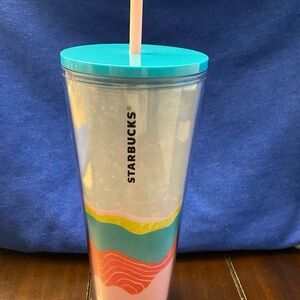 Starbucks Tumbler with Teal Lid and Colorful Waves